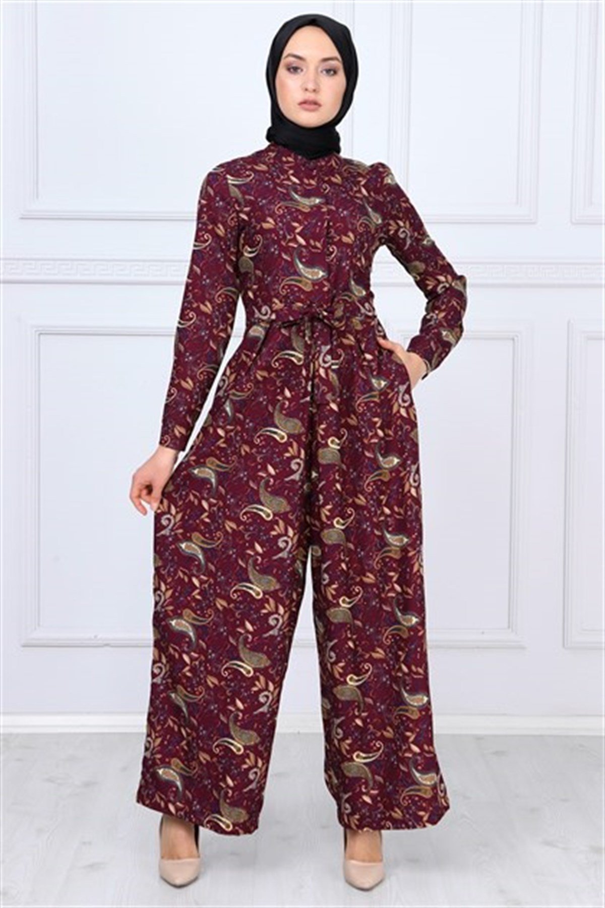Çiçek Desenli Tesettür Tulum Bordo Bordo 9809-1-38