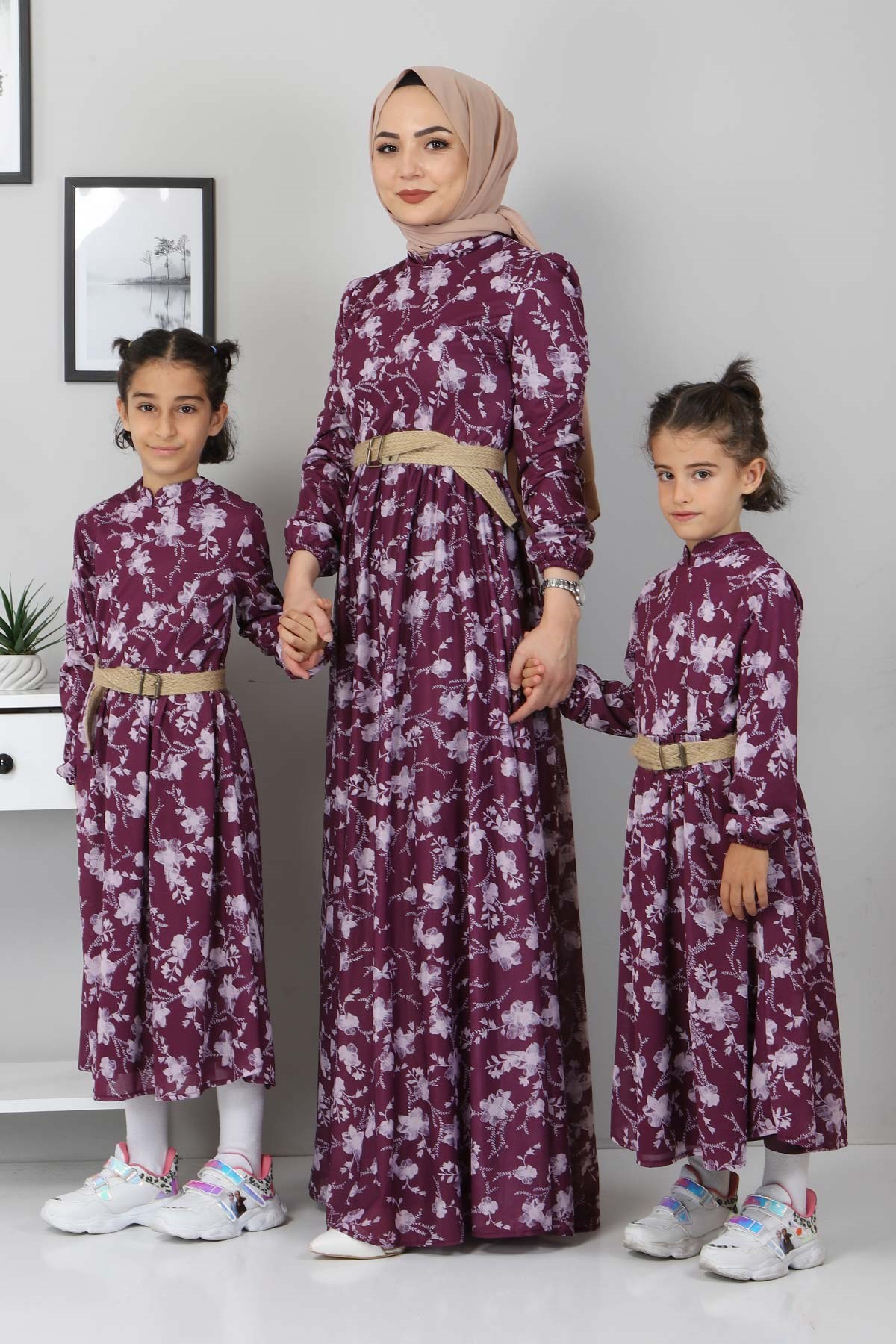 Çiçekli Anne Elbise Mürdüm 10024