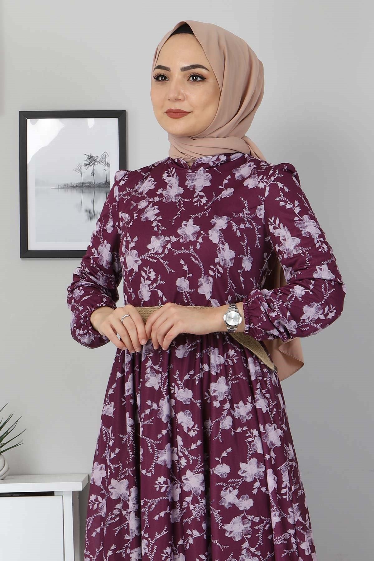 Çiçekli Anne Elbise Mürdüm 10024