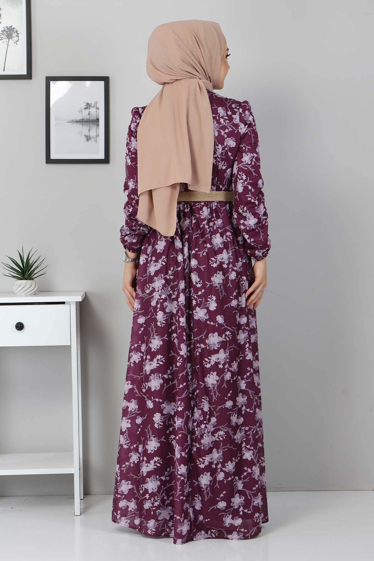 Çiçekli Anne Elbise Mürdüm 10024