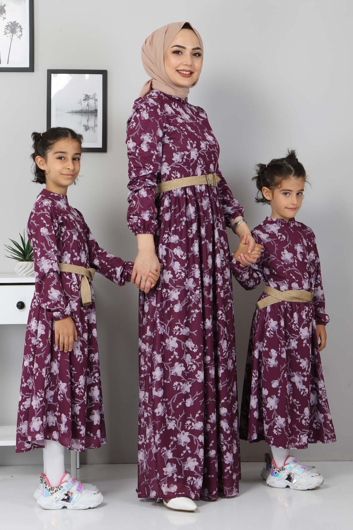 Çiçekli Anne Elbise Mürdüm 10024