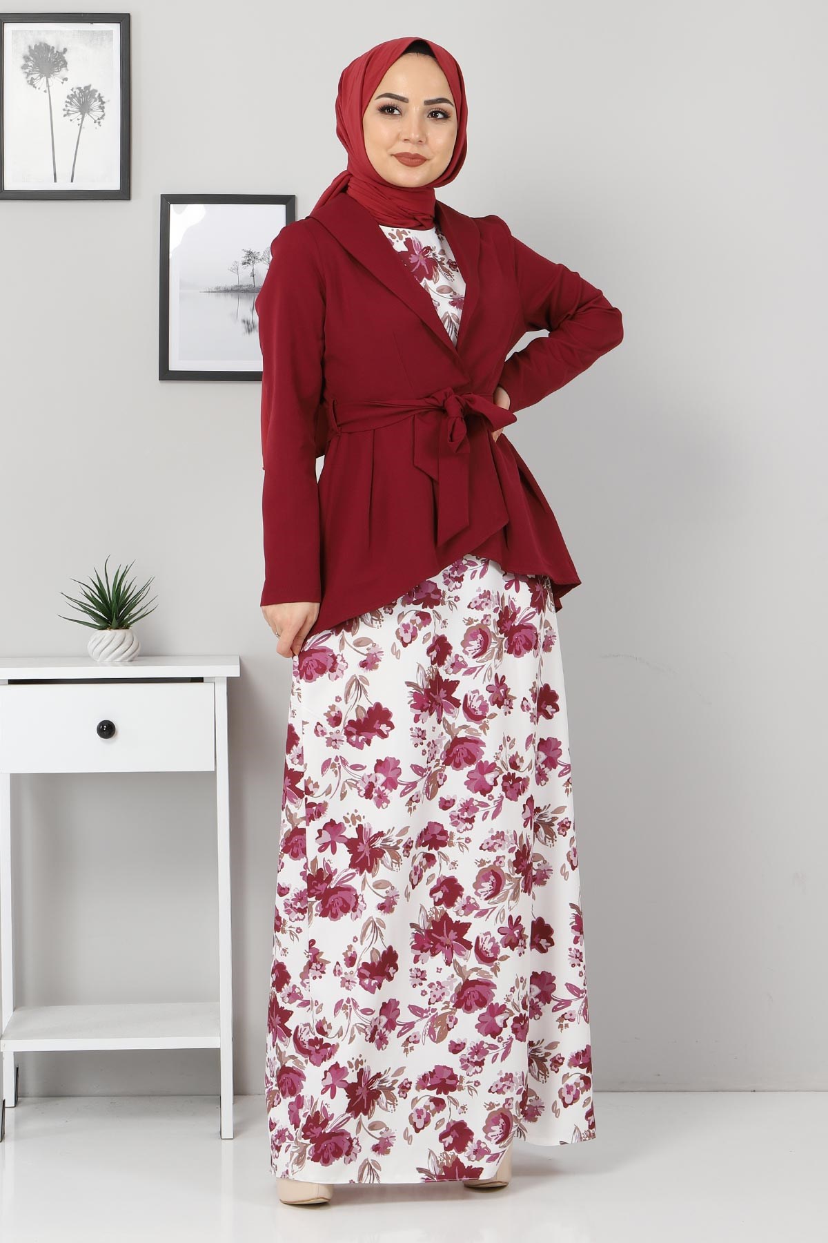 Çiçekli Ceketli Kombin Bordo 10075