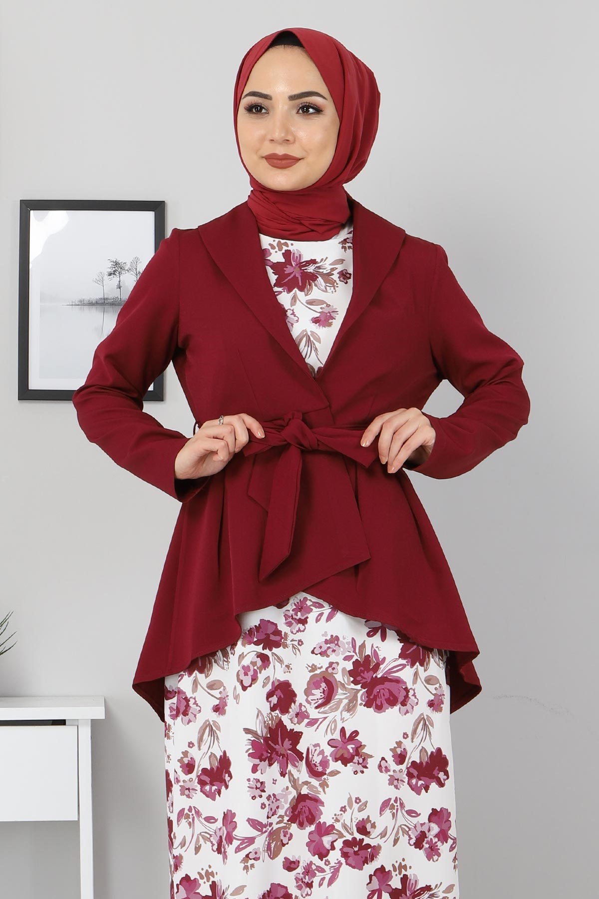 Çiçekli Ceketli Kombin Bordo 10075
