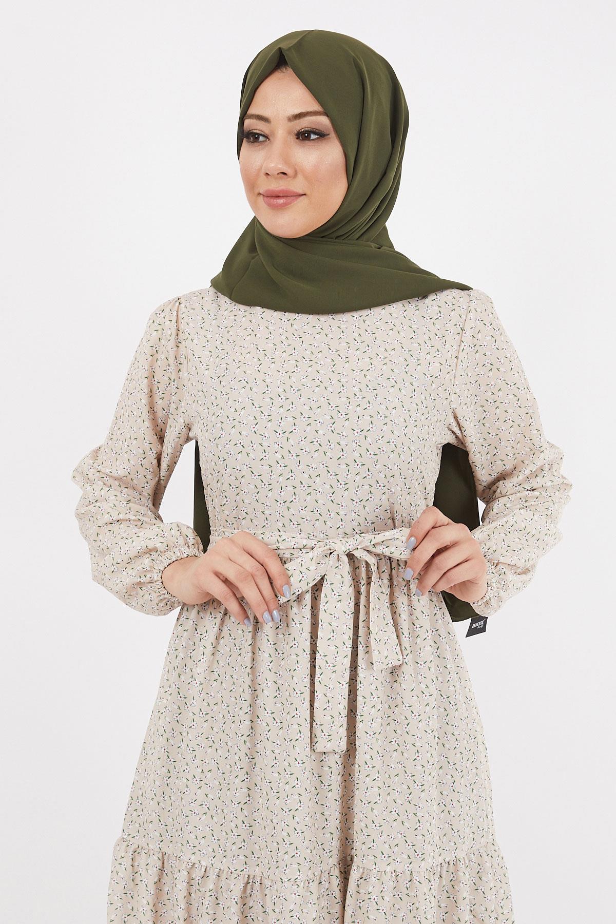 Çiçekli Çingene Elbise Bej 12236