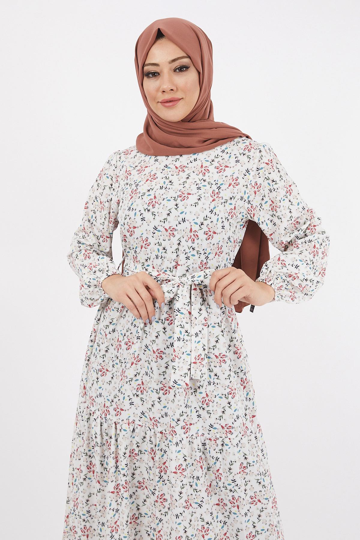 Çiçekli Çingene Elbise Ekru 12236