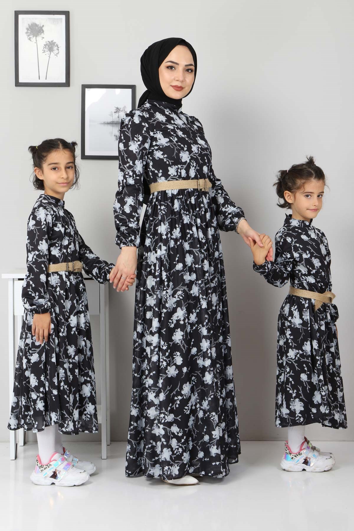 Çiçekli Çocuk Elbise Siyah 10025