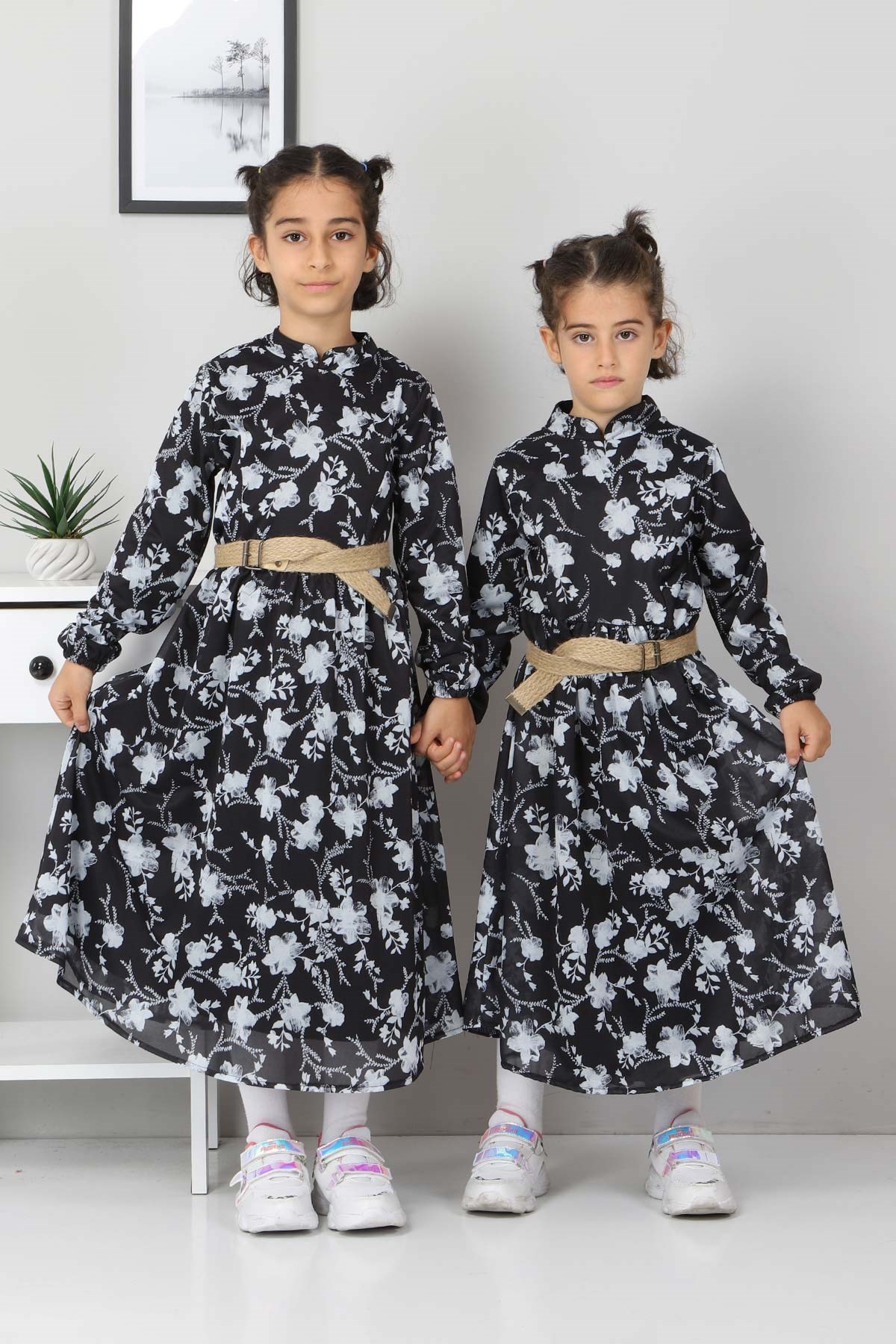 Çiçekli Çocuk Elbise Siyah 10025