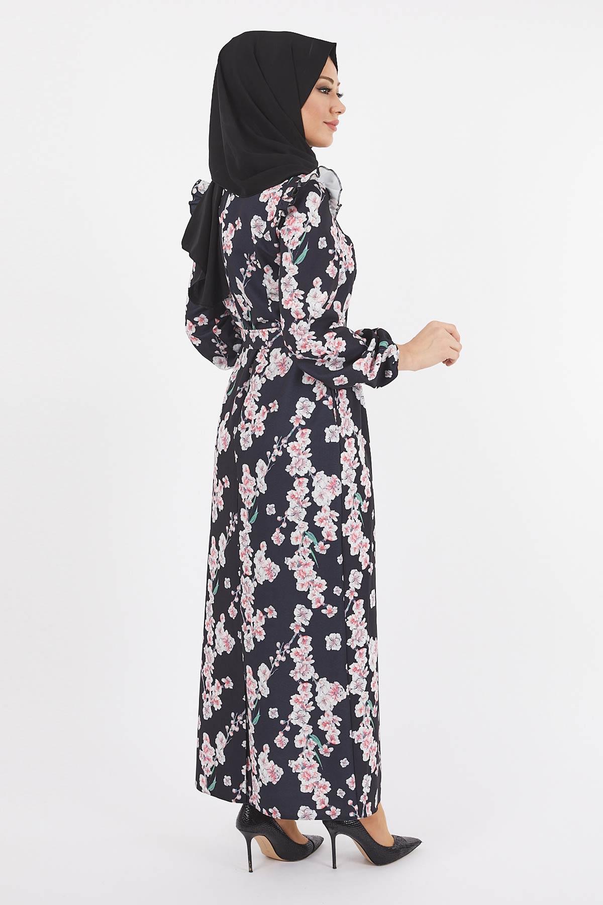 Çiçekli Kalem Elbise Siyah 12223