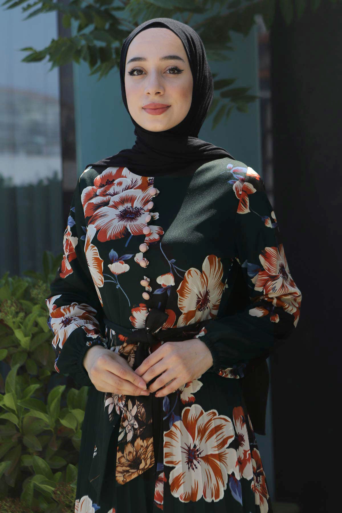 Çiçekli Kemerli Elbise Haki 8131