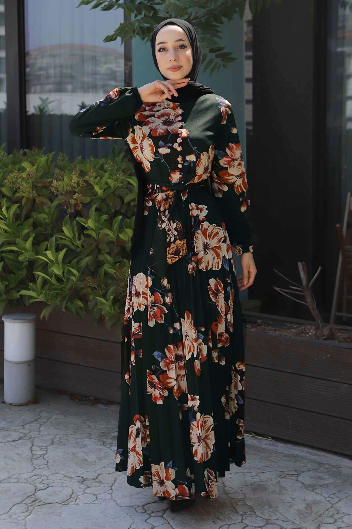 Çiçekli Kemerli Elbise Haki 8131