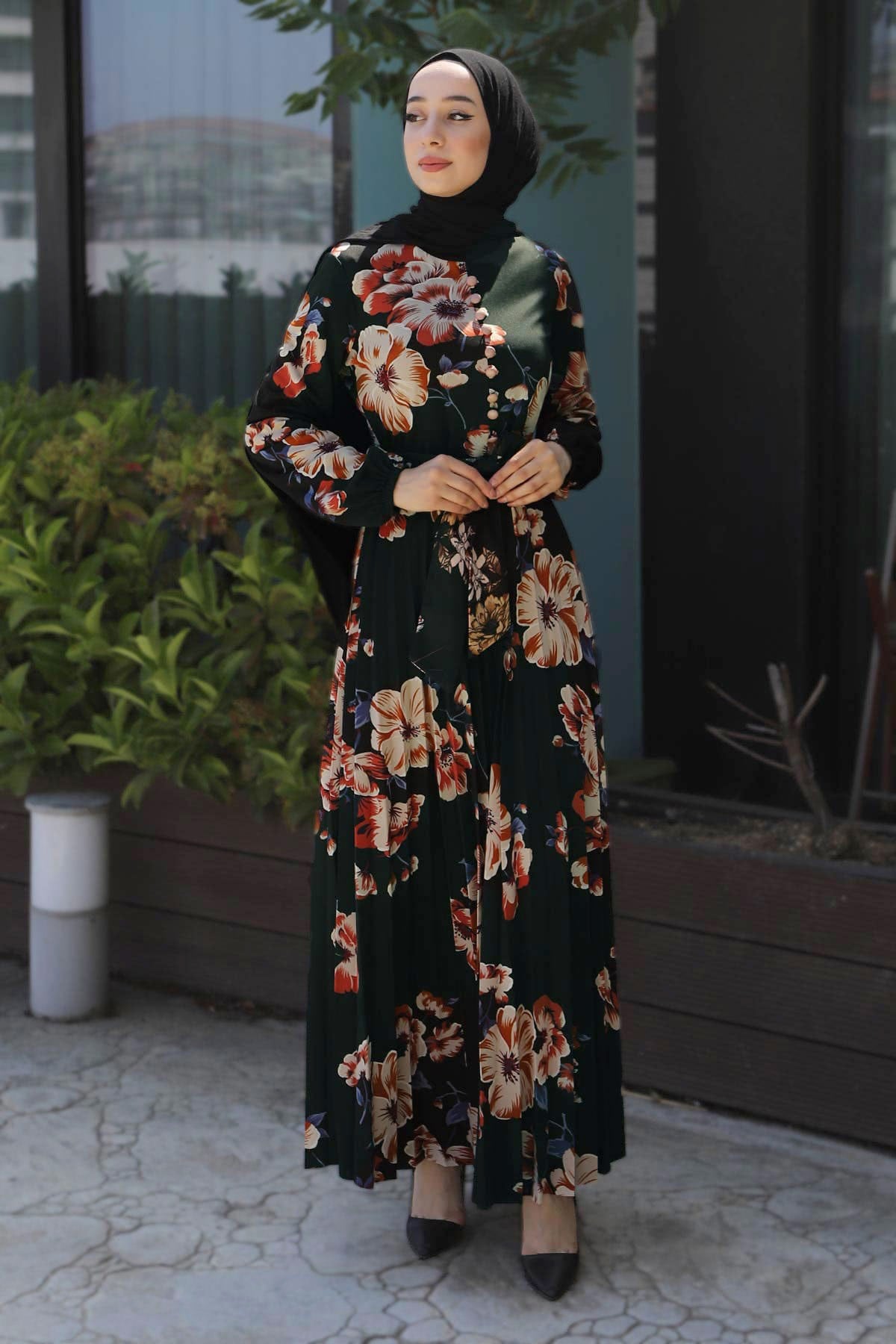 Çiçekli Kemerli Elbise Haki 8131