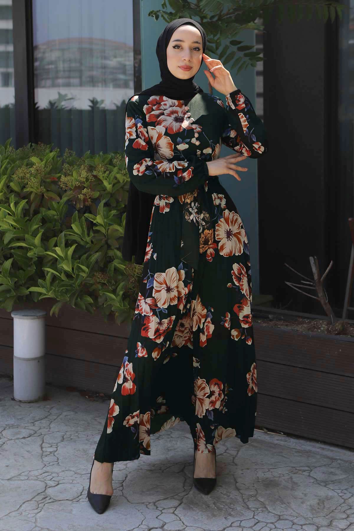 Çiçekli Kemerli Elbise Haki 8131