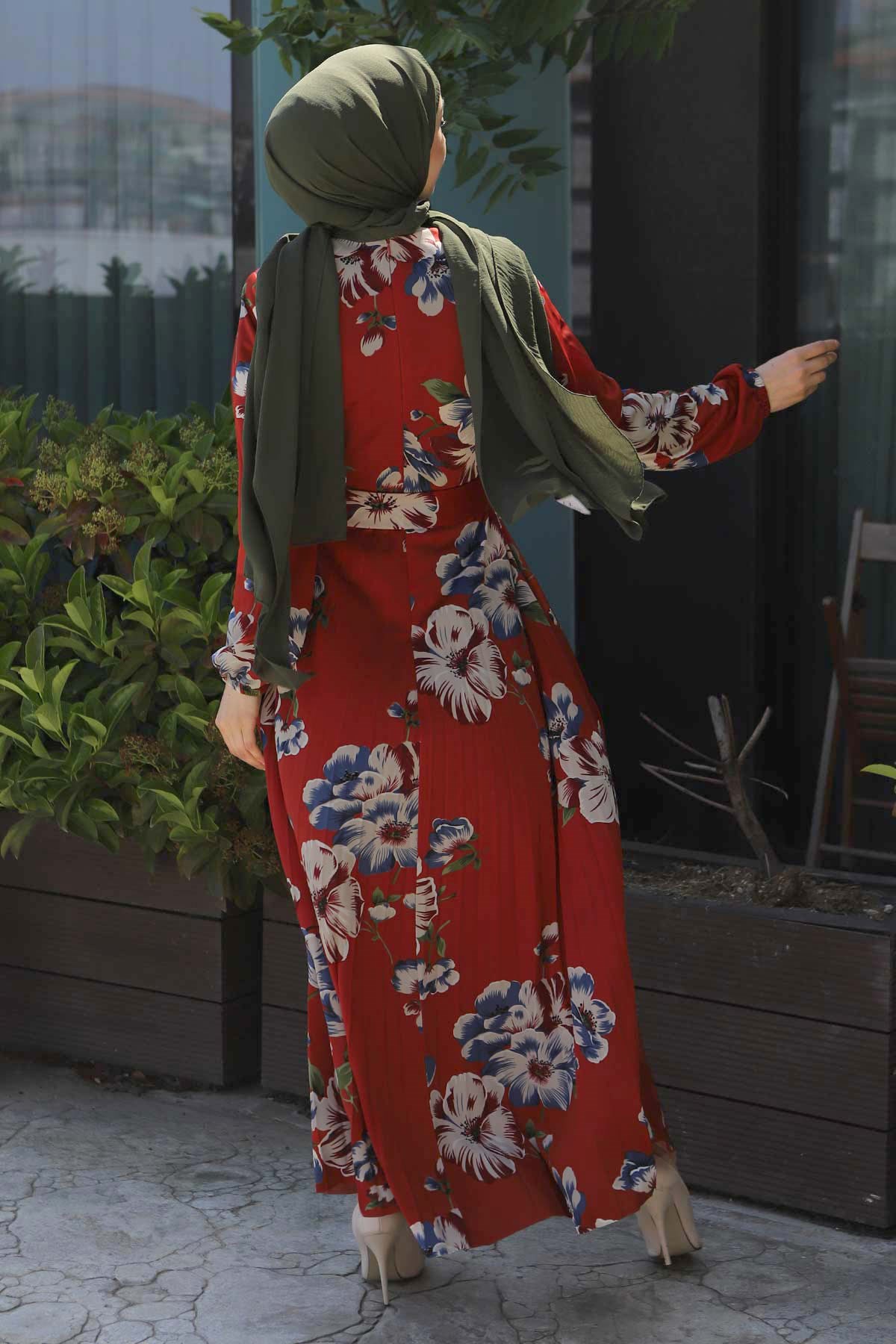 Çiçekli Kemerli Elbise Kiremit 8131