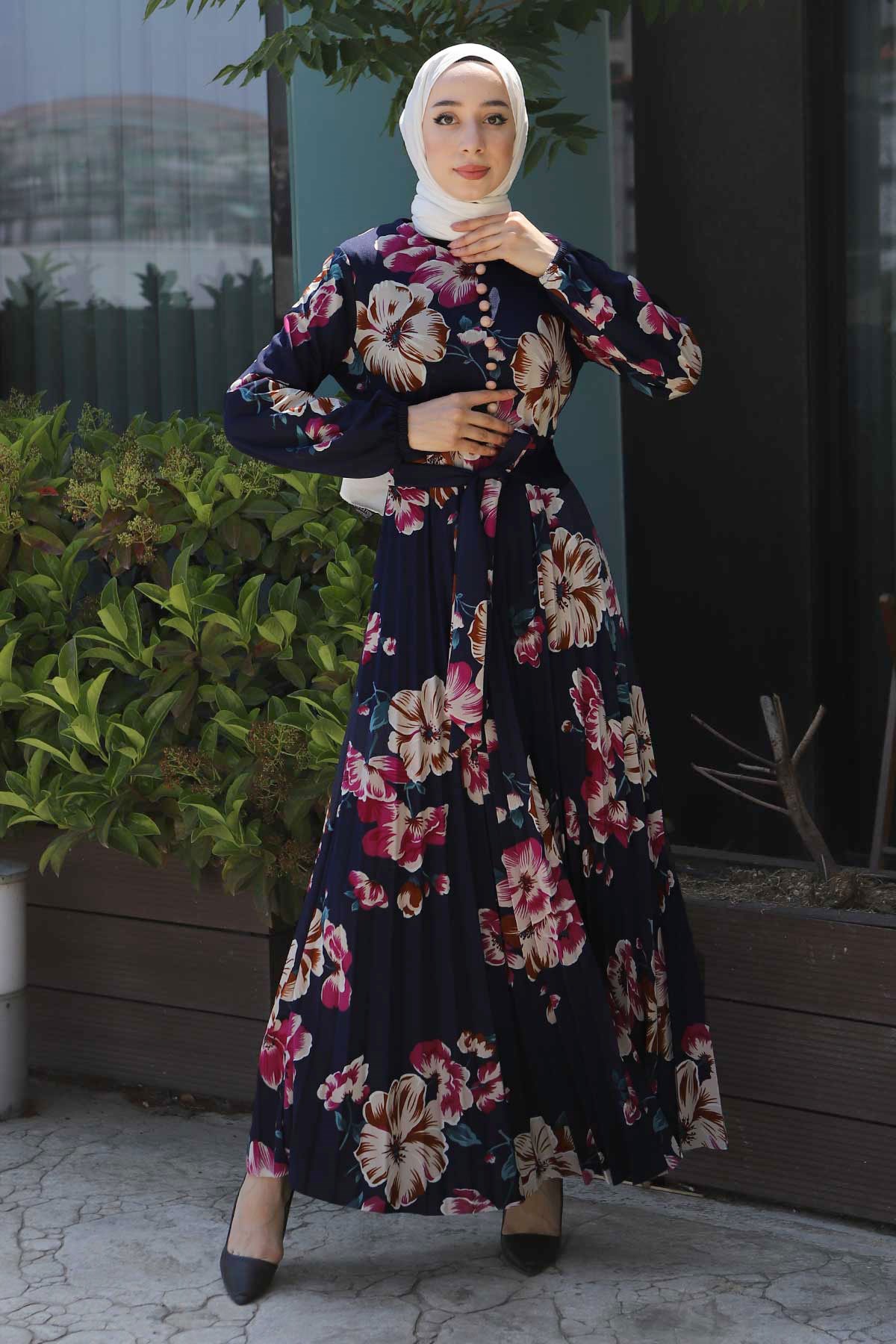 Çiçekli Kemerli Elbise Lacivert 8131