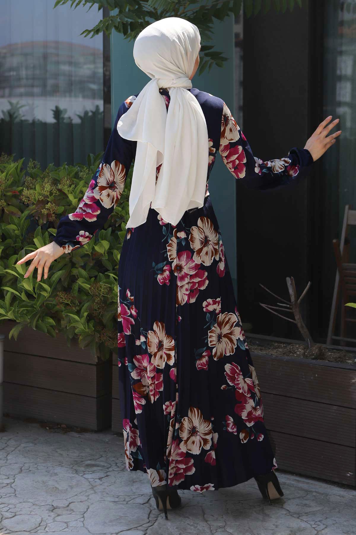 Çiçekli Kemerli Elbise Lacivert 8131