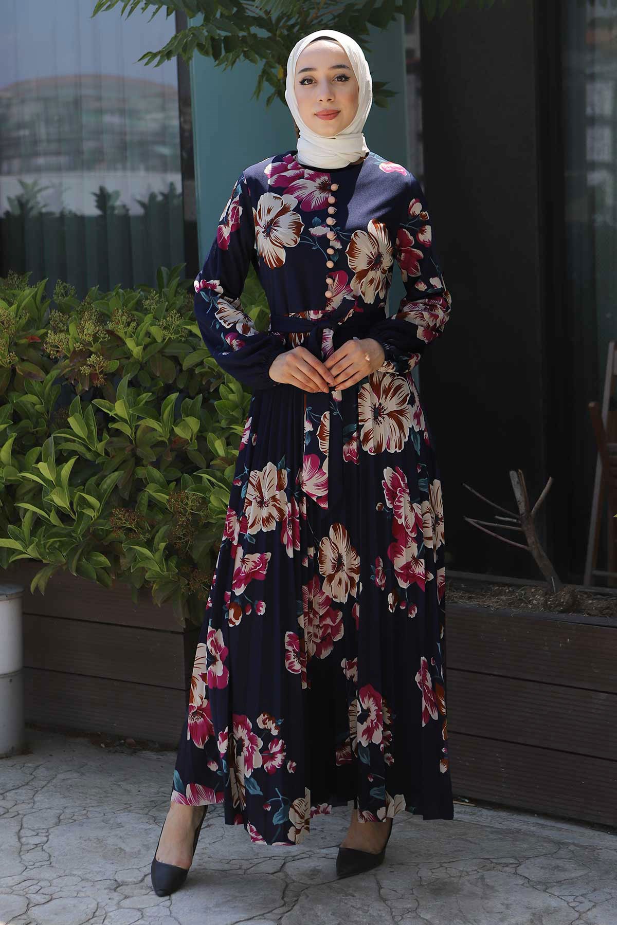 Çiçekli Kemerli Elbise Lacivert 8131
