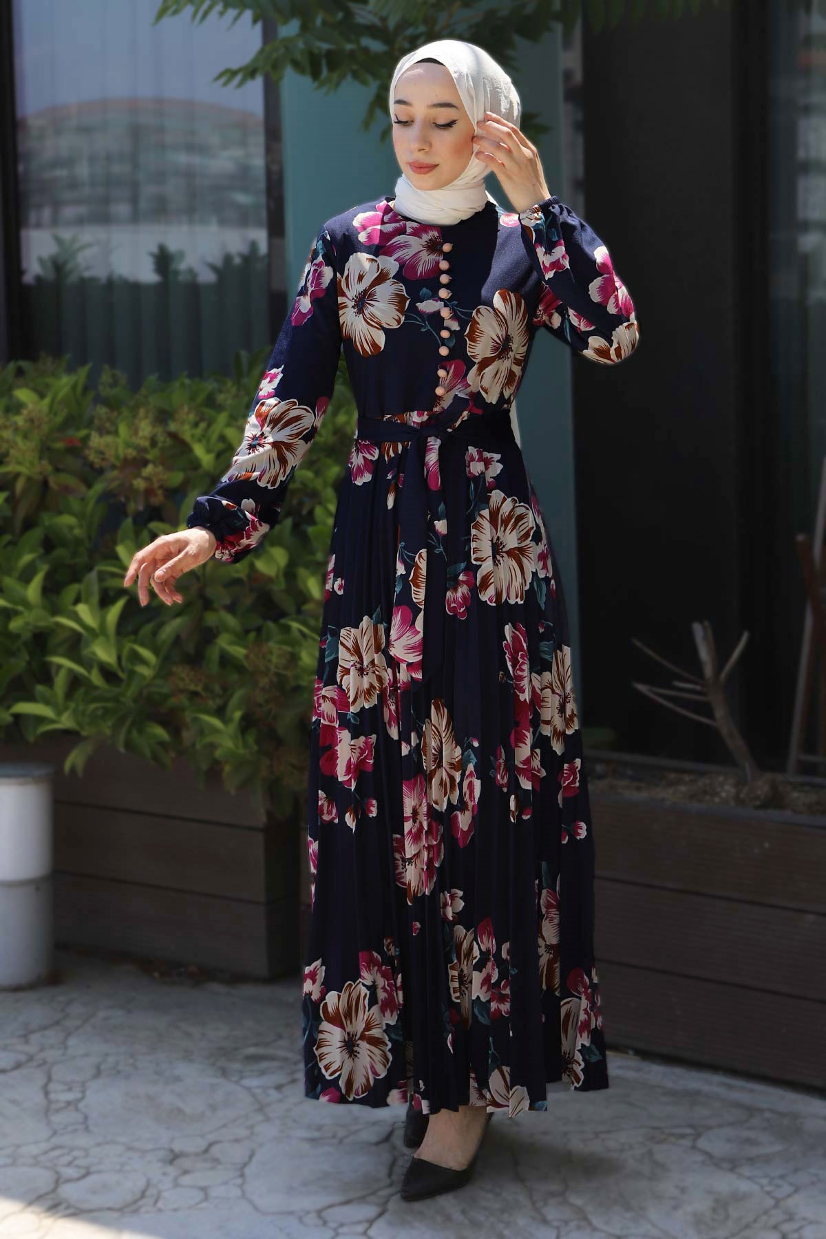 Çiçekli Kemerli Elbise Lacivert 8131