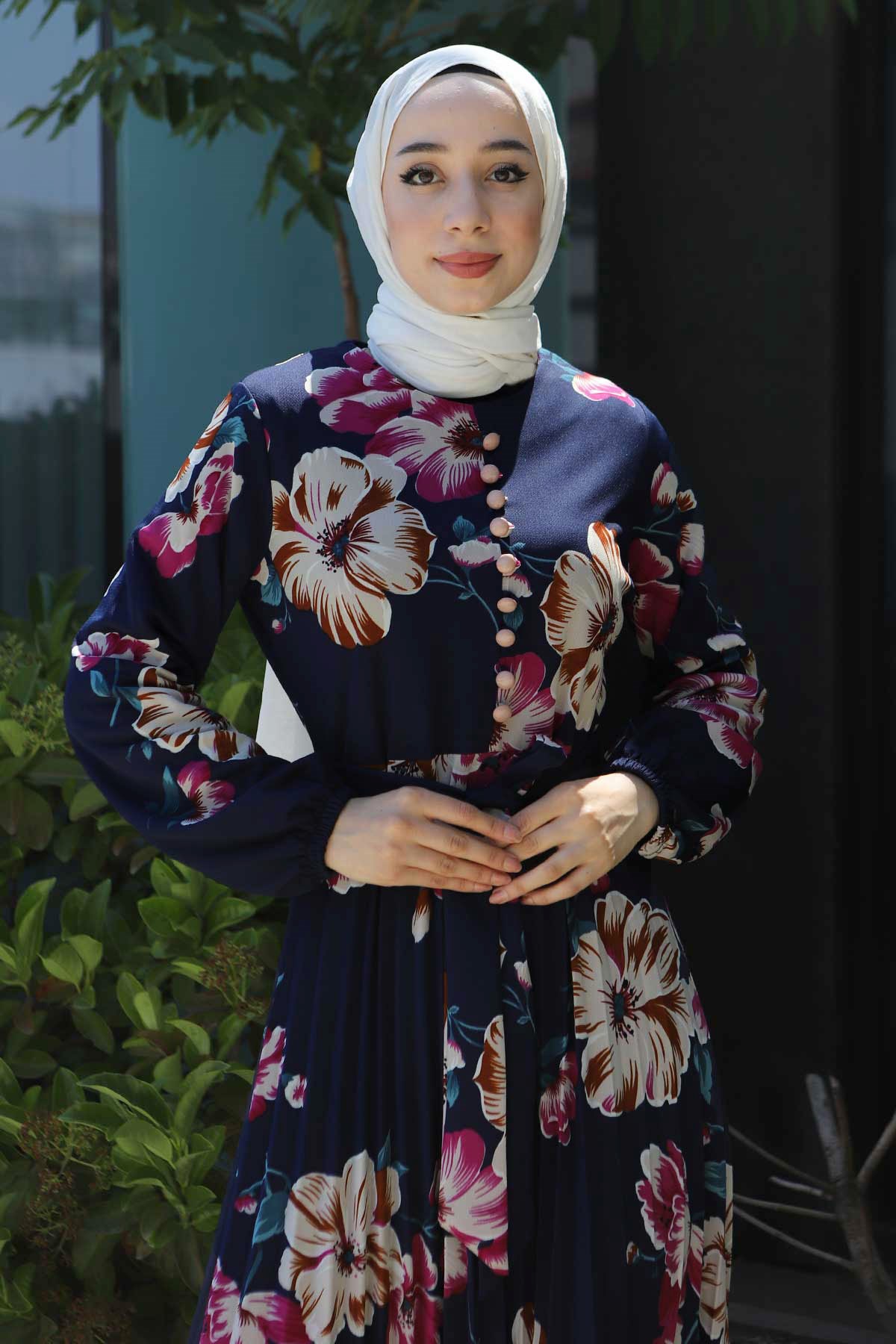 Çiçekli Kemerli Elbise Lacivert 8131