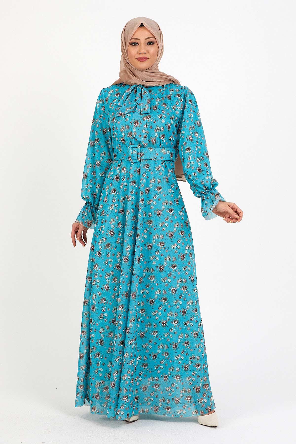 Çiçekli Kemerli Şifon Elbise Mint 12231