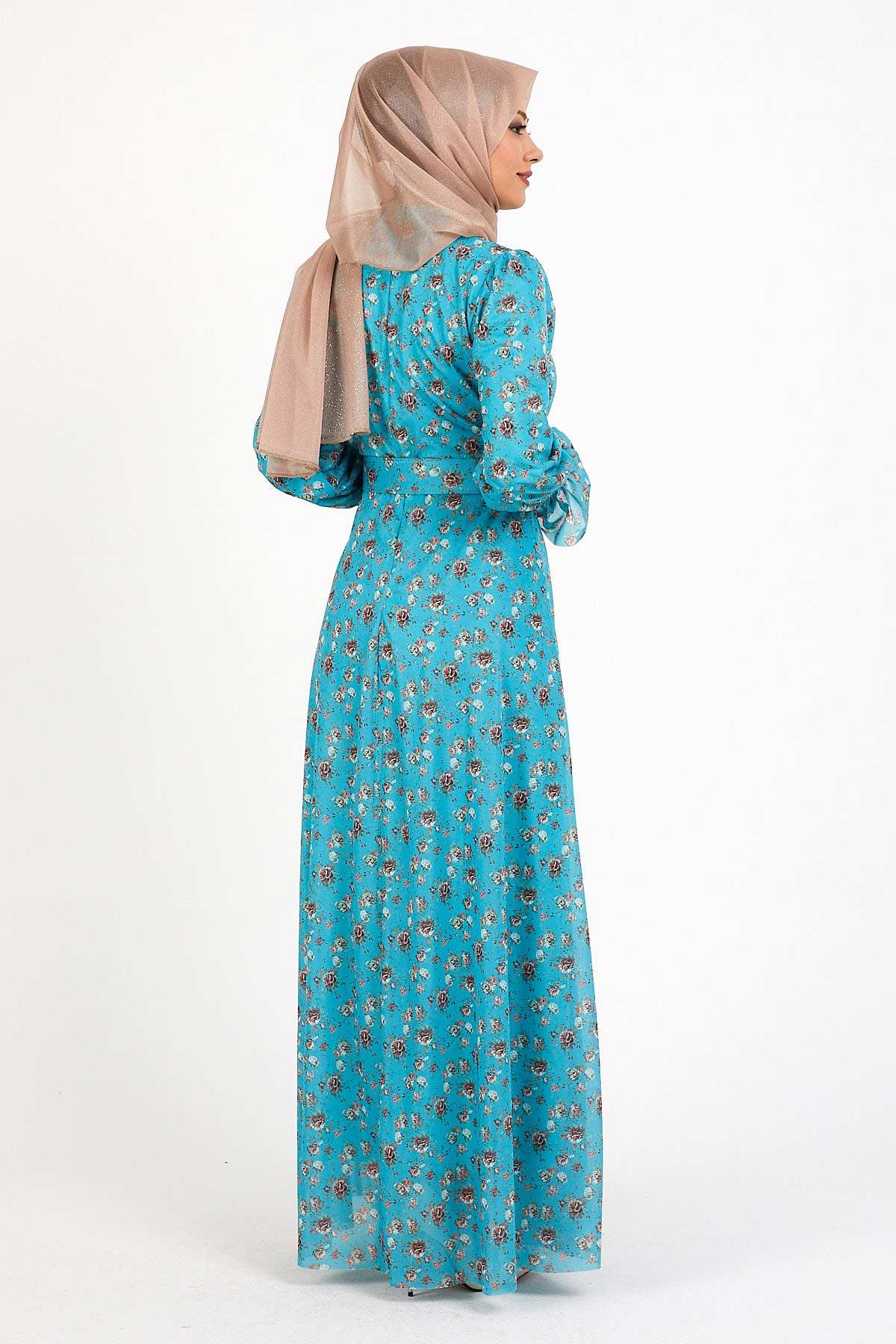 Çiçekli Kemerli Şifon Elbise Mint 12231