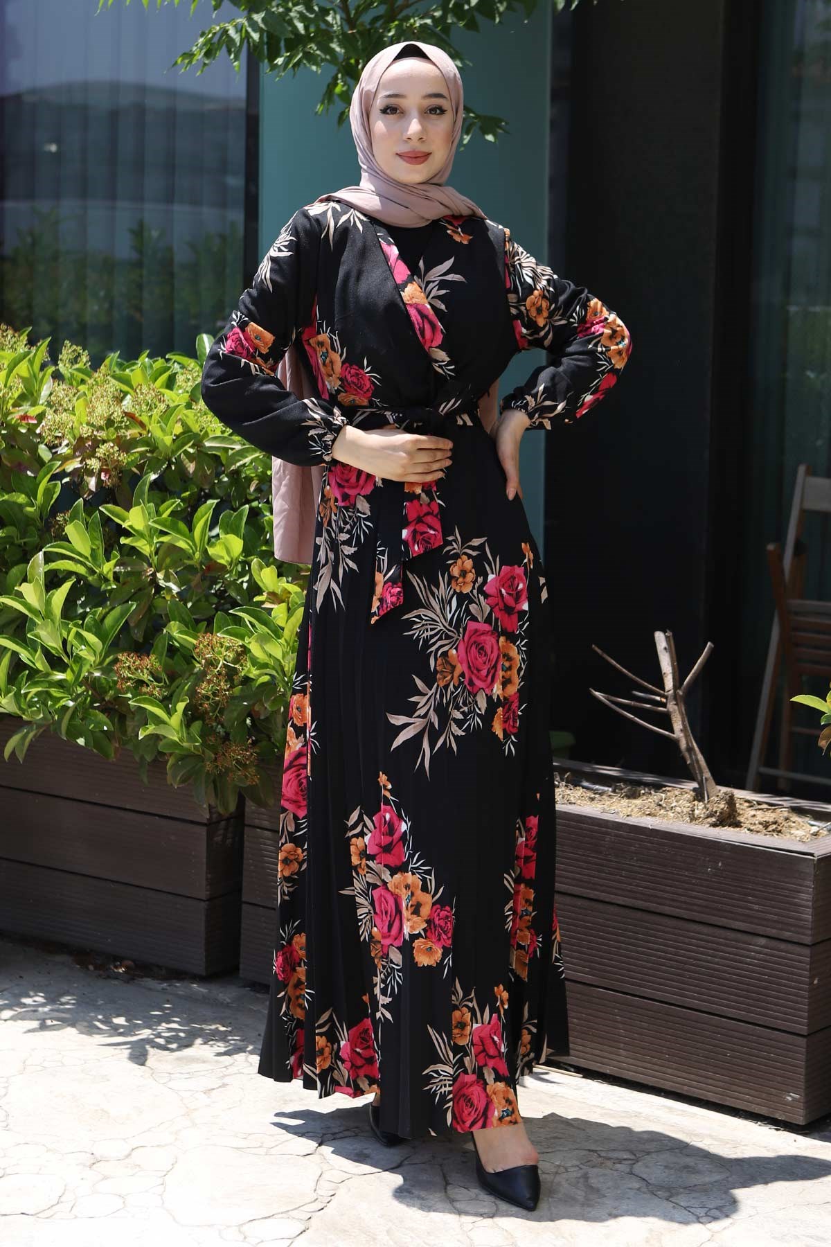 Çiçekli Pileli Elbise Pembe 14700