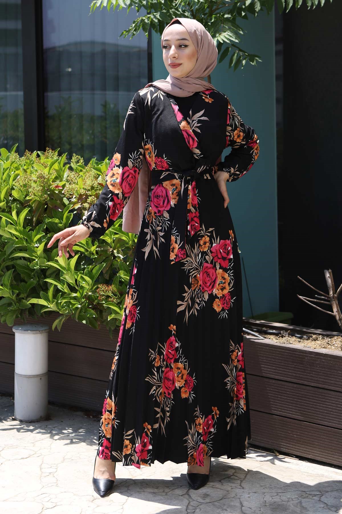 Çiçekli Pileli Elbise Pembe 14700
