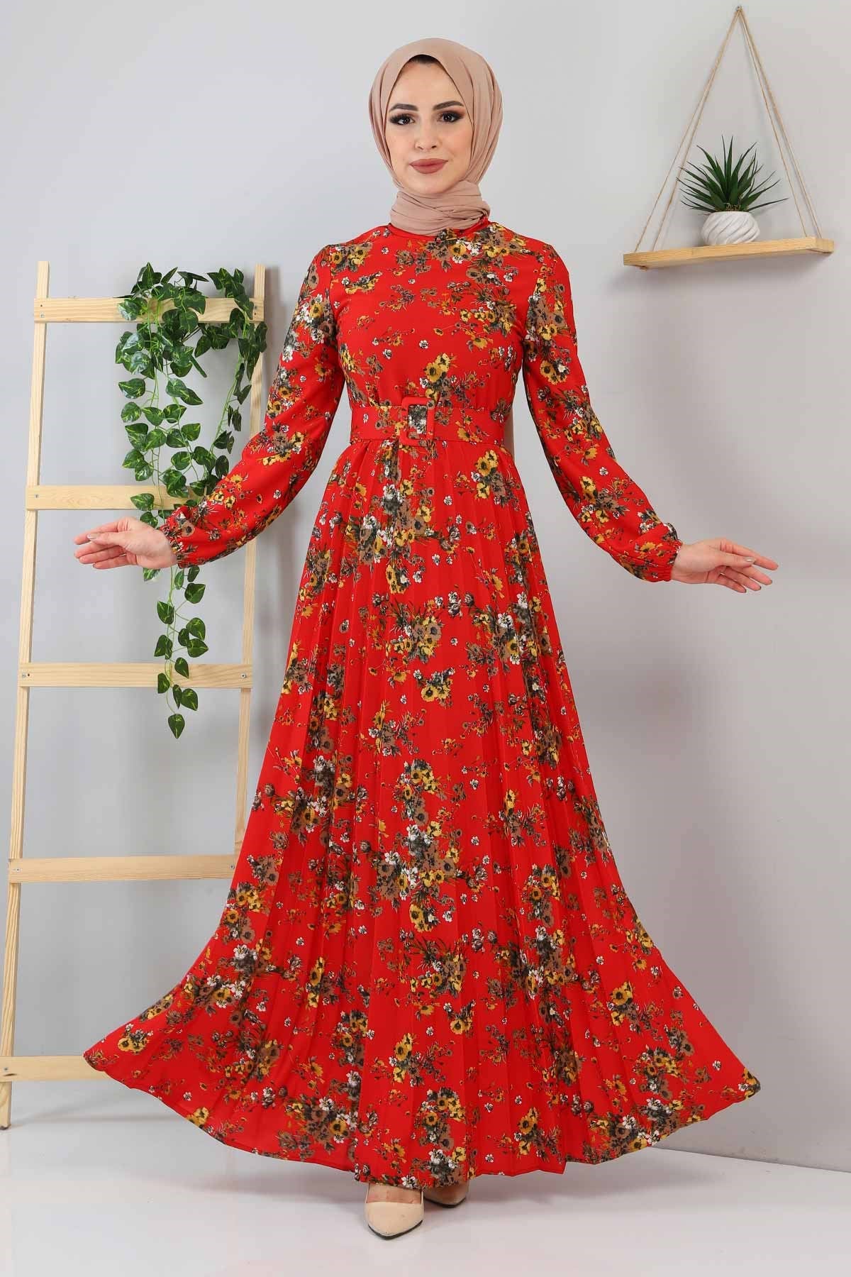 Çiçekli Piliseli Elbise Bordo 9754