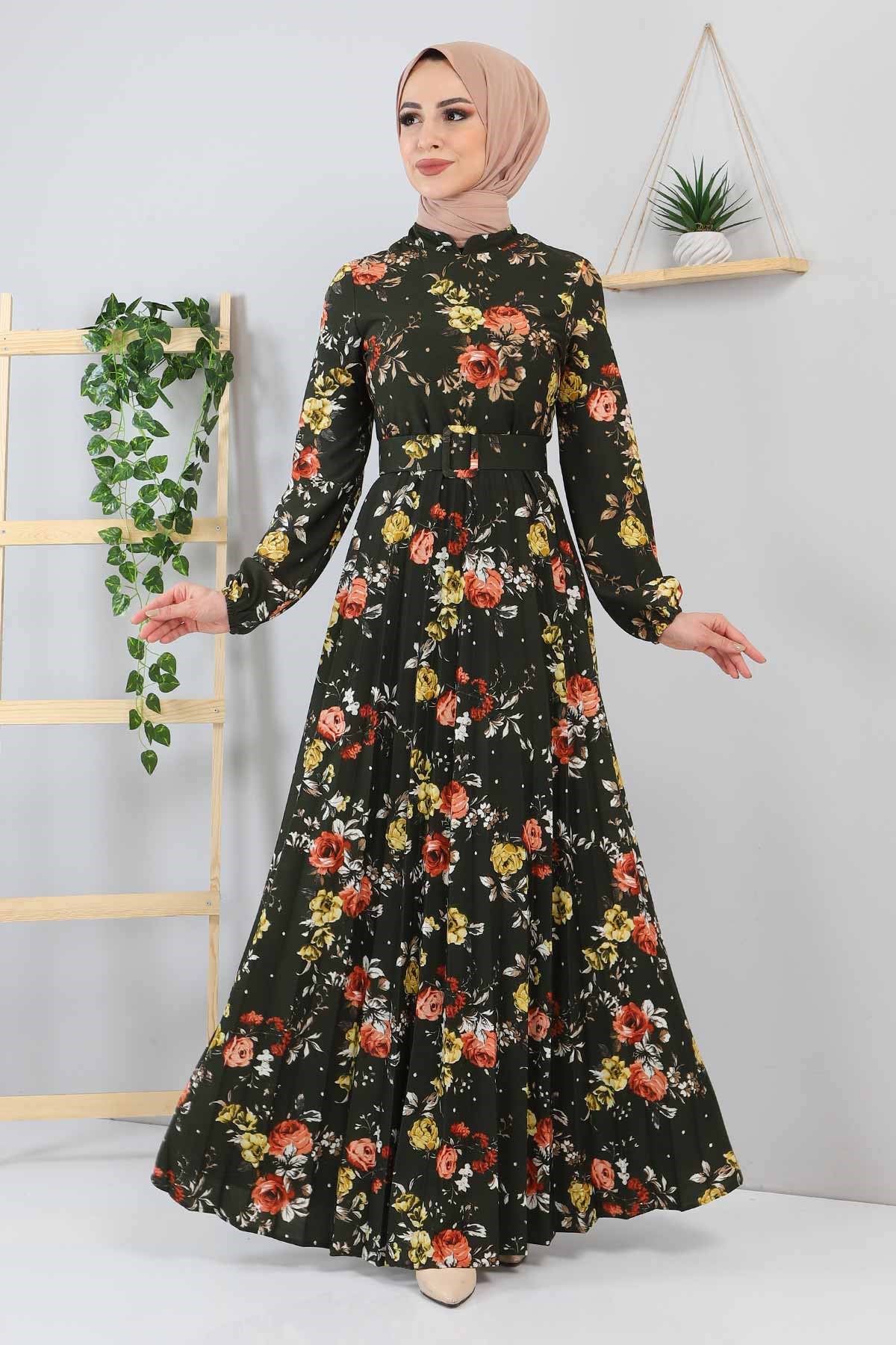 Çiçekli Piliseli Elbise Haki 9754