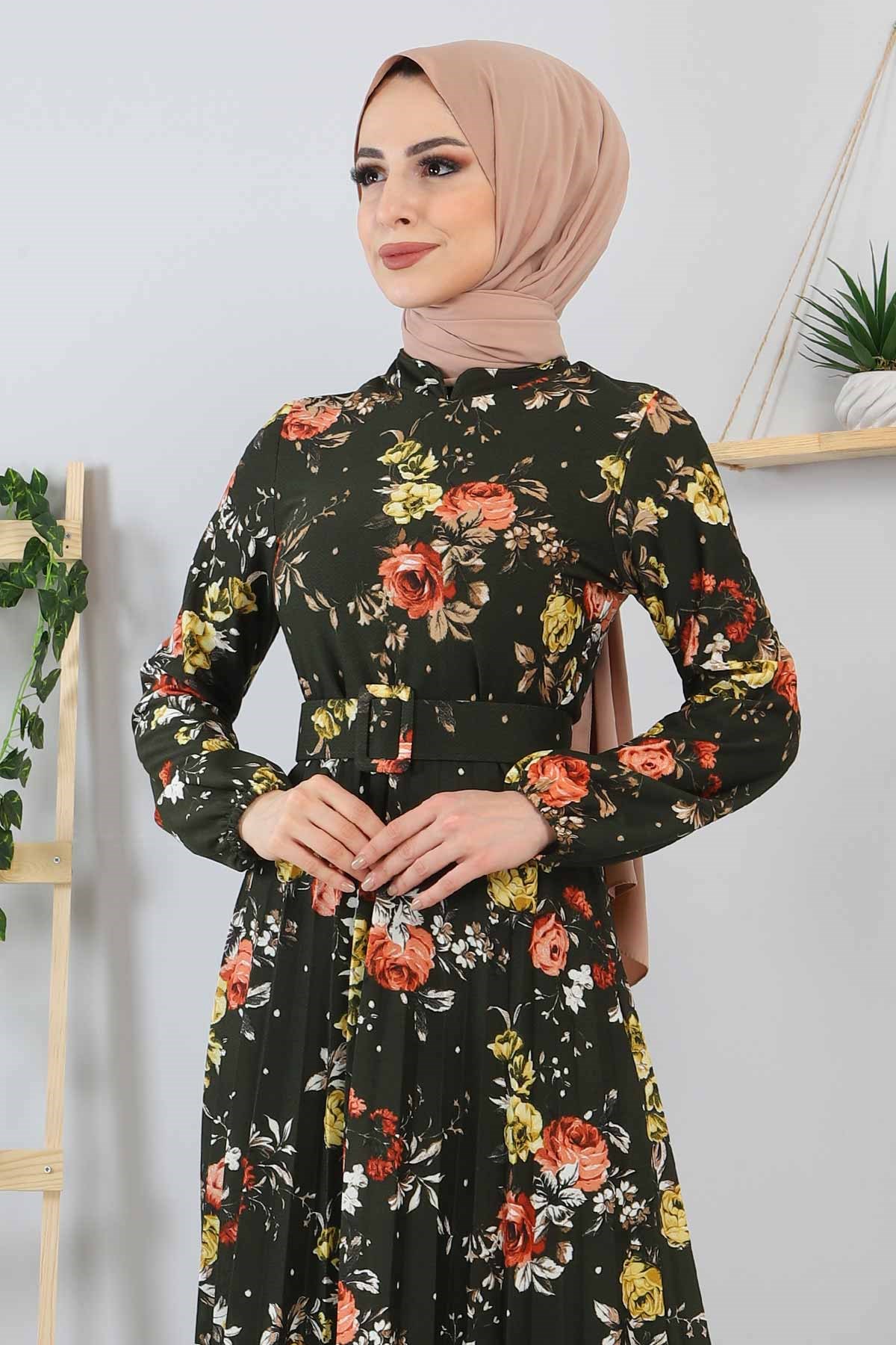 Çiçekli Piliseli Elbise Haki 9754