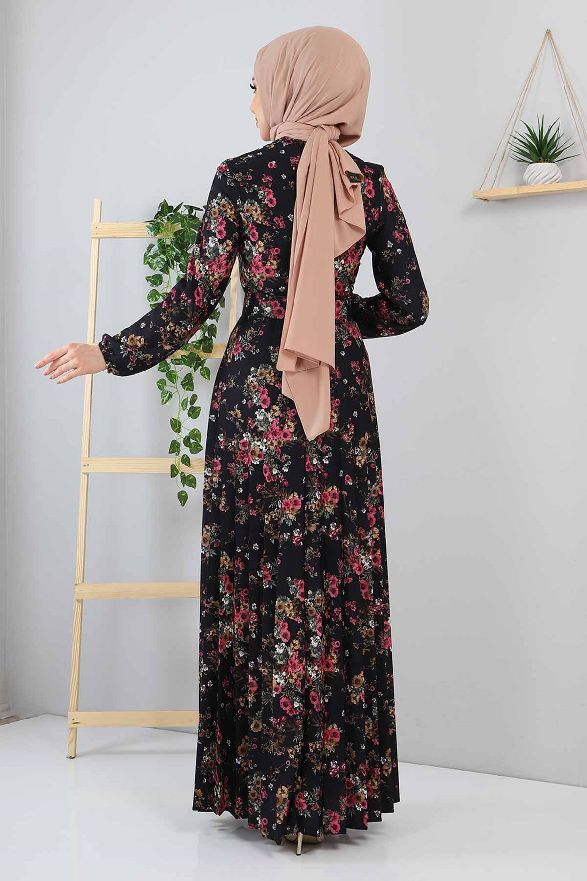 Çiçekli Piliseli Elbise Lacivert 9754