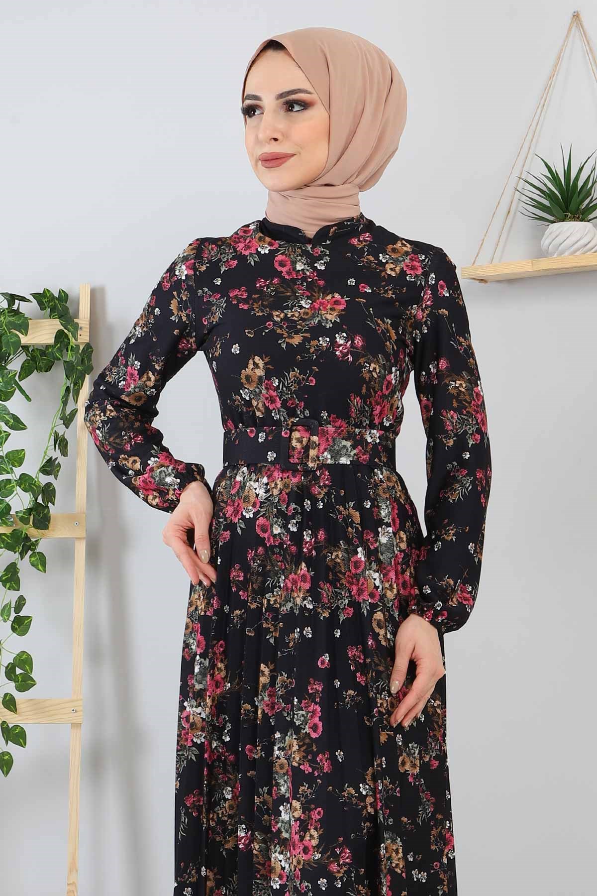 Çiçekli Piliseli Elbise Lacivert 9754