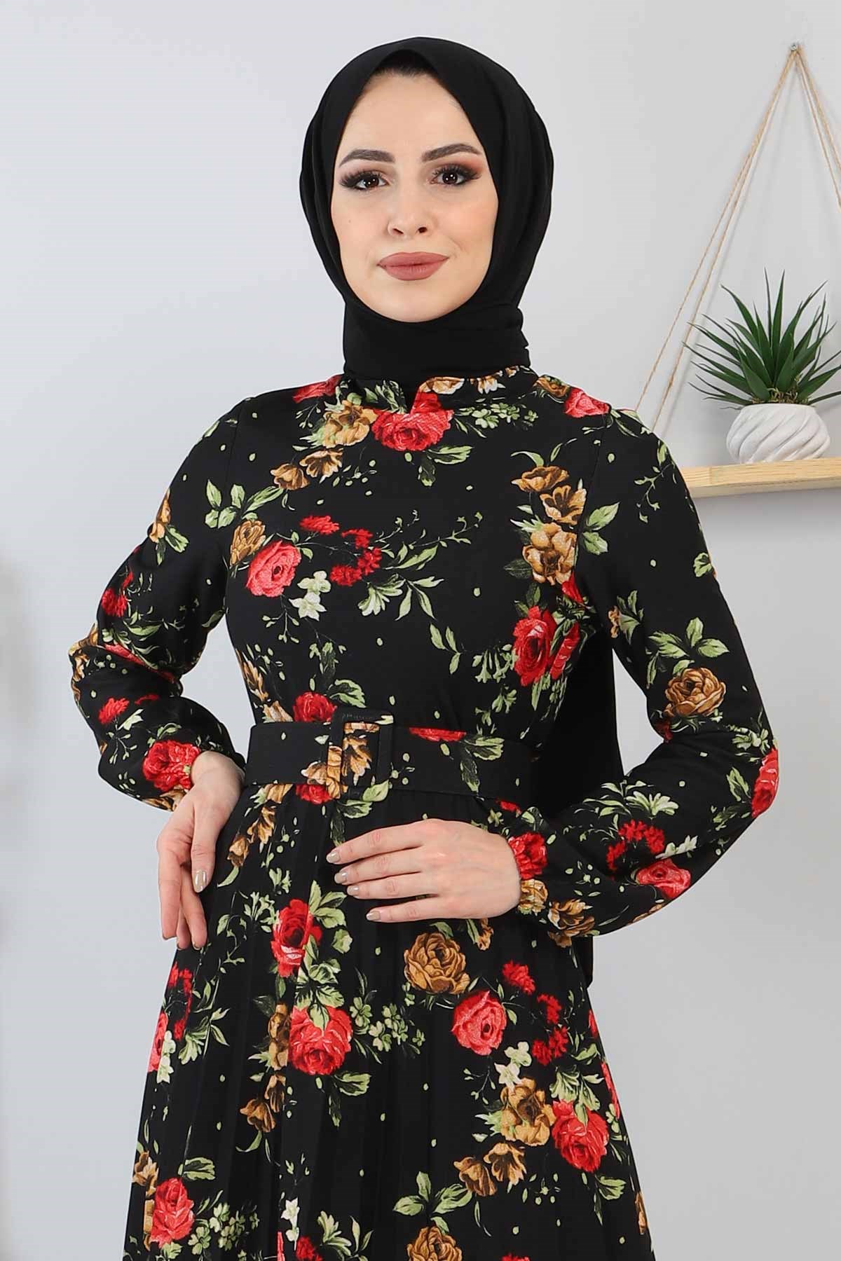 Çiçekli Piliseli Elbise Siyah 9754