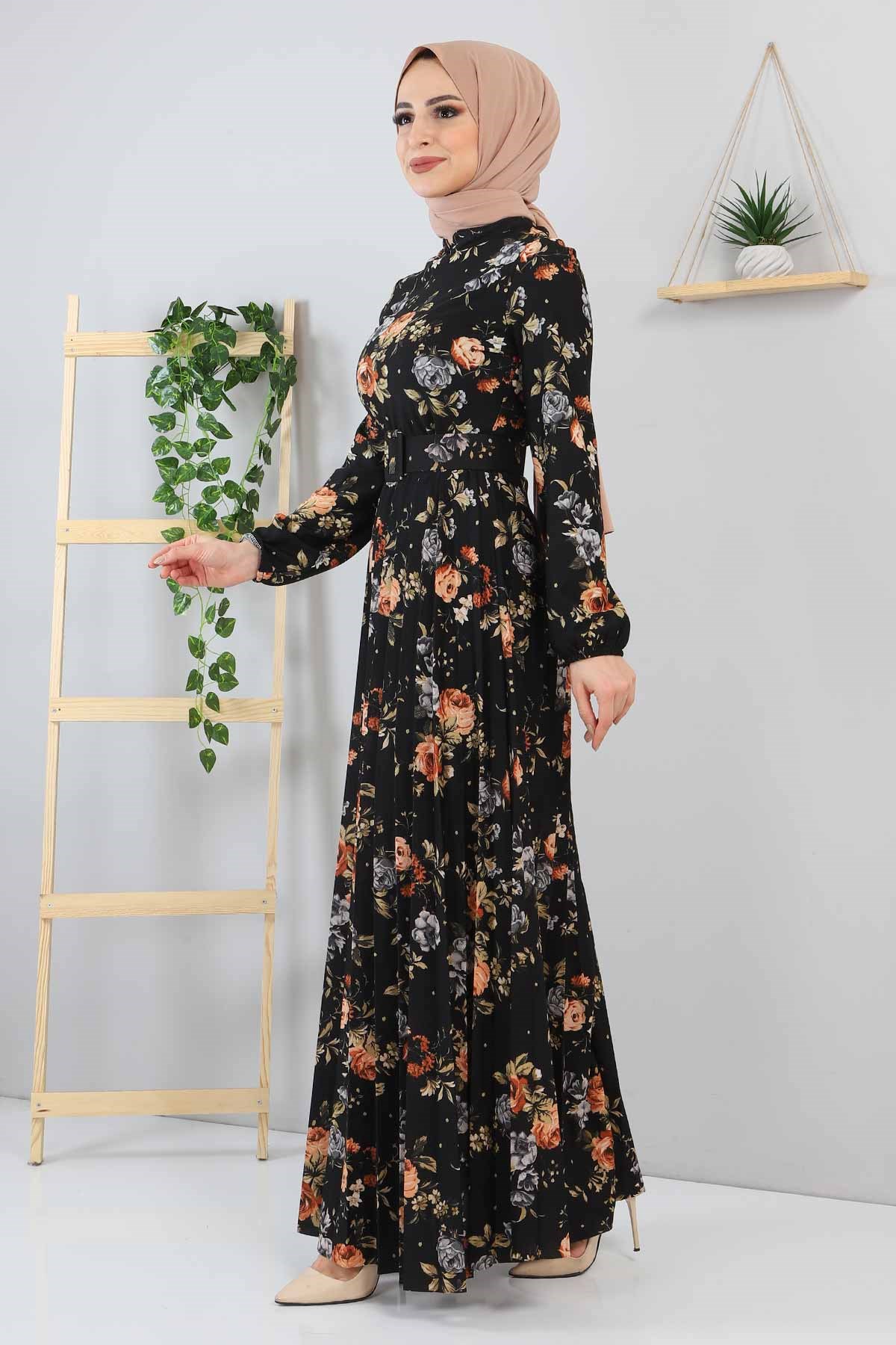 Çiçekli Piliseli Elbise Taba 9754