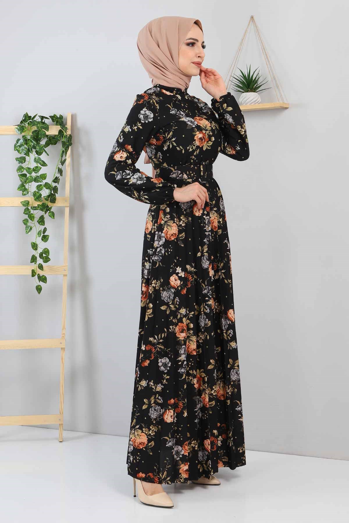 Çiçekli Piliseli Elbise Taba 9754