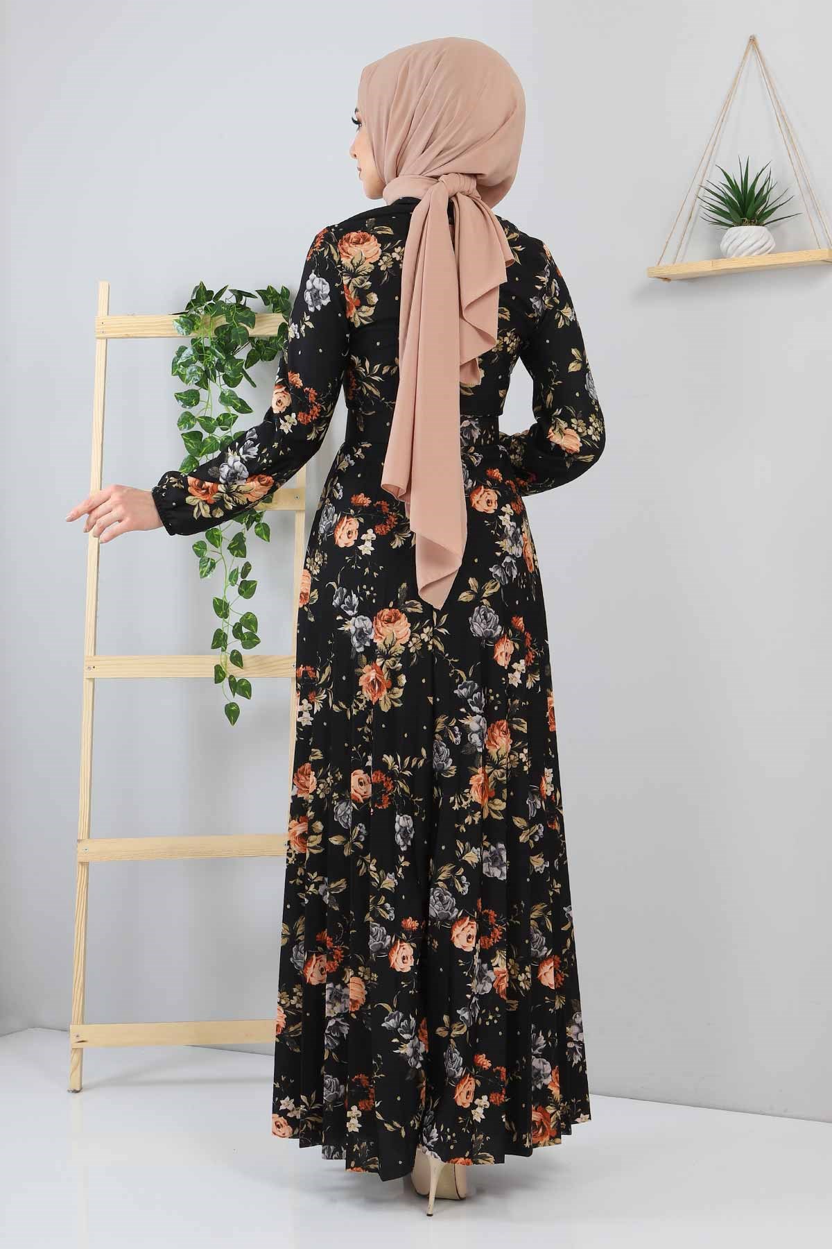 Çiçekli Piliseli Elbise Taba 9754