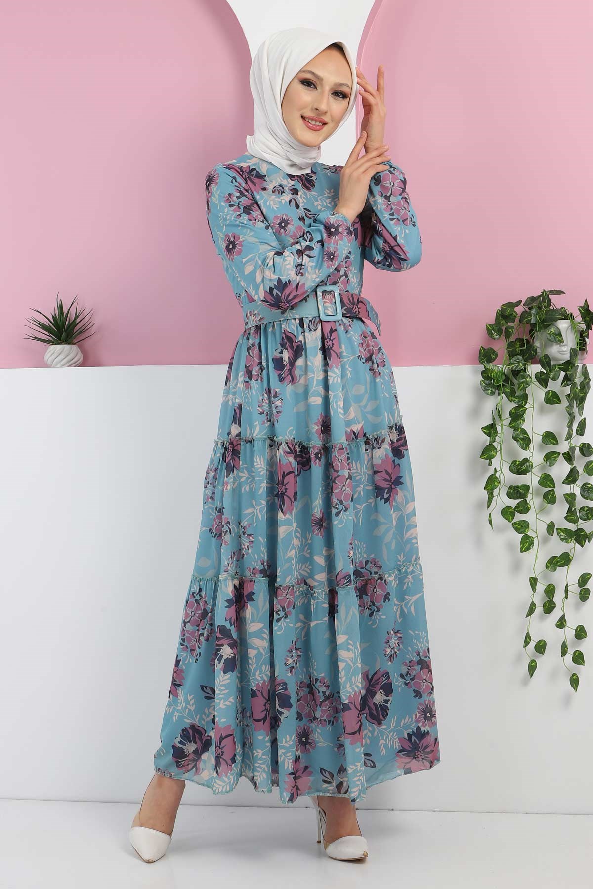 Çiçekli Şifon Elbise Mavi 12900