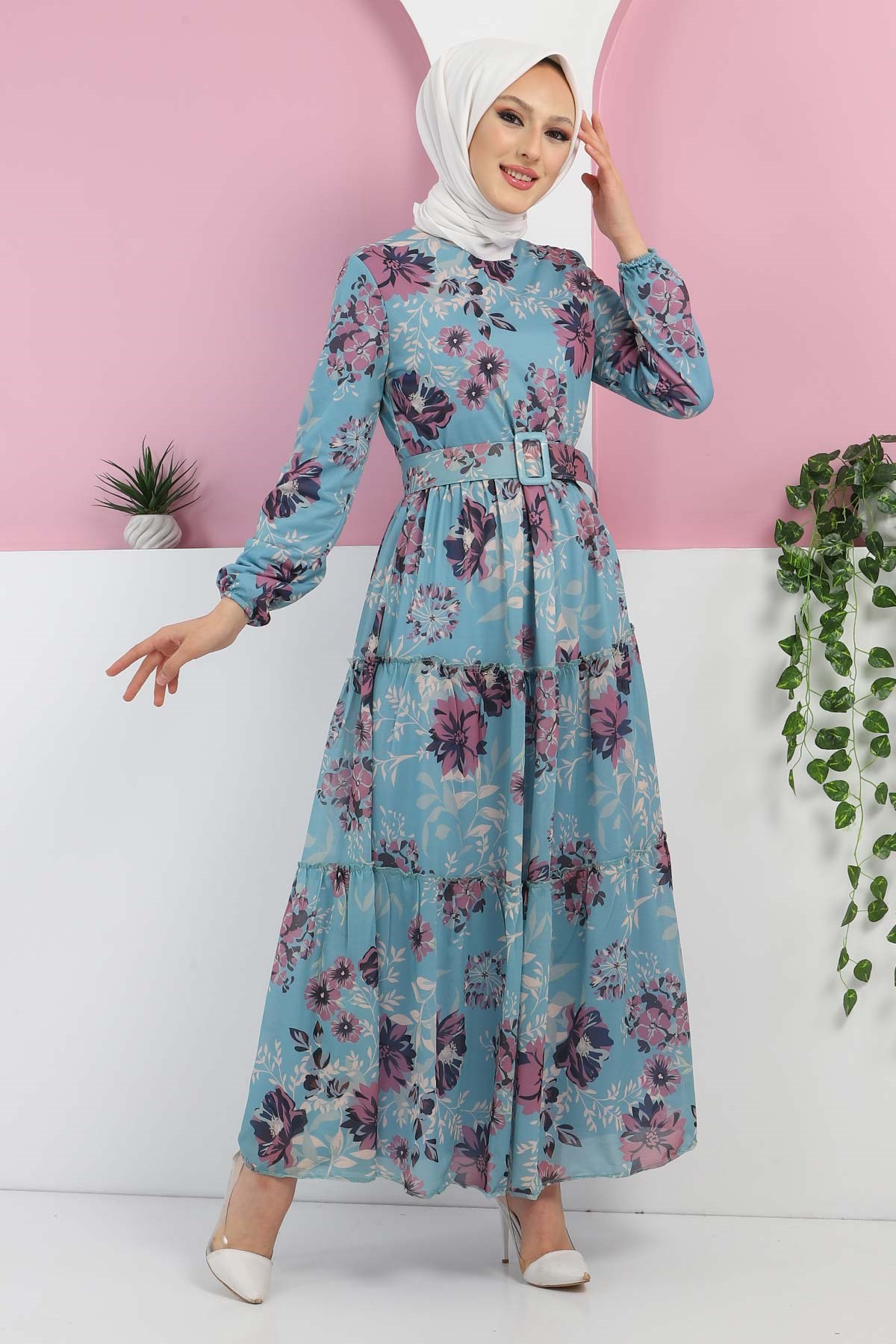 Çiçekli Şifon Elbise Mavi 12900