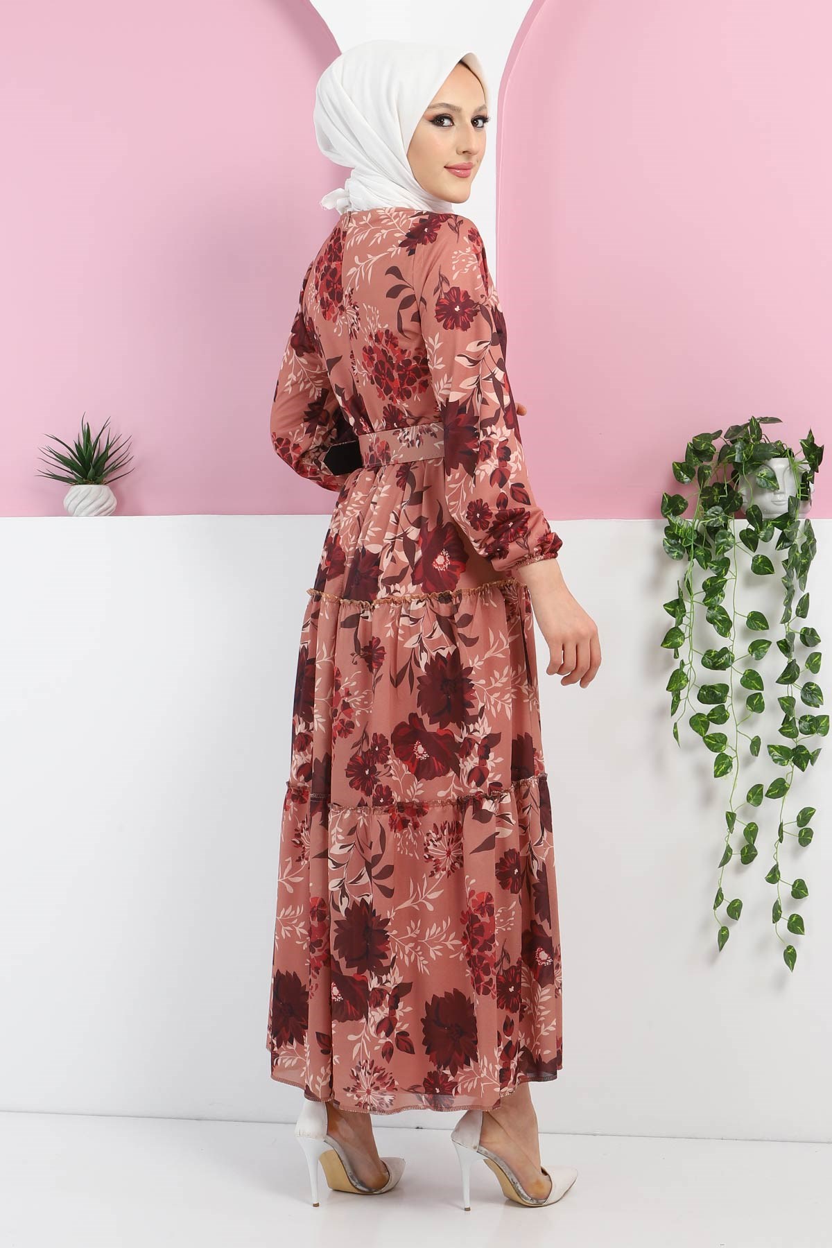 Çiçekli Şifon Elbise Vizon 12900