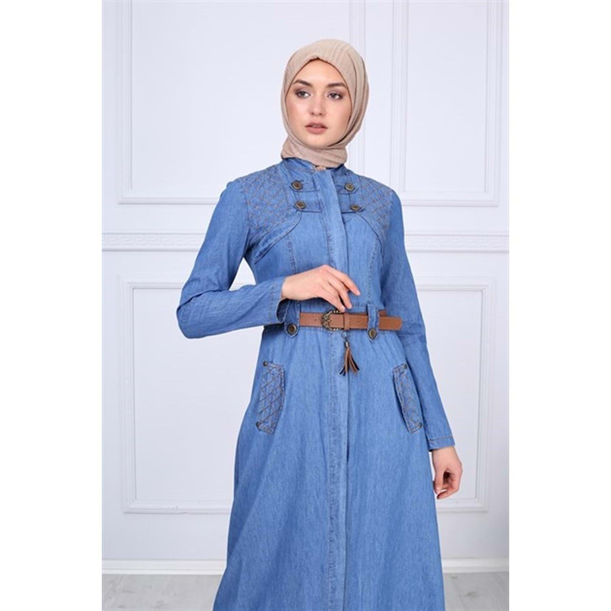 Çift Düğmeli Tesettür Kot Elbise Açık Açık Kot 9769-38