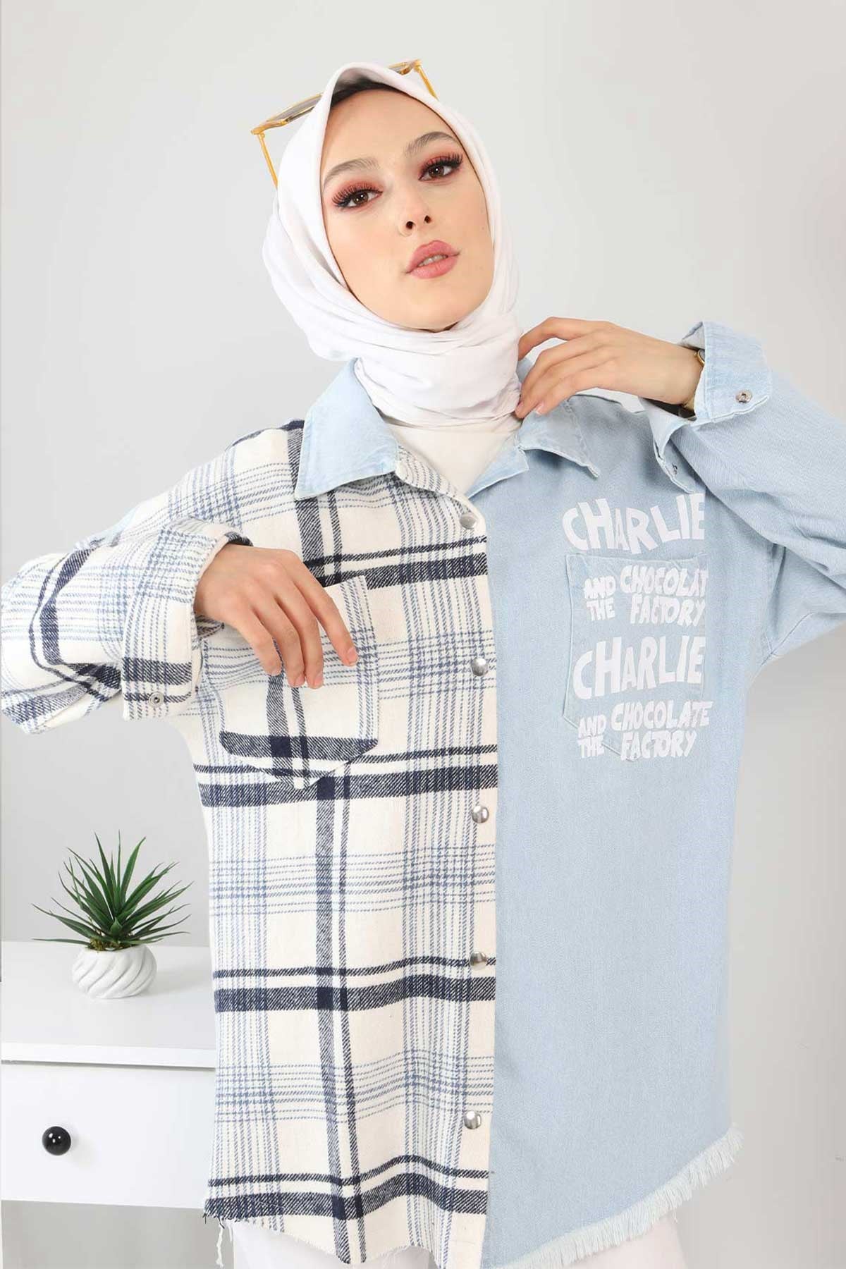Çıtçıtlı Salaş Kot Gömlek Açık Mavi Açık Kot 5019