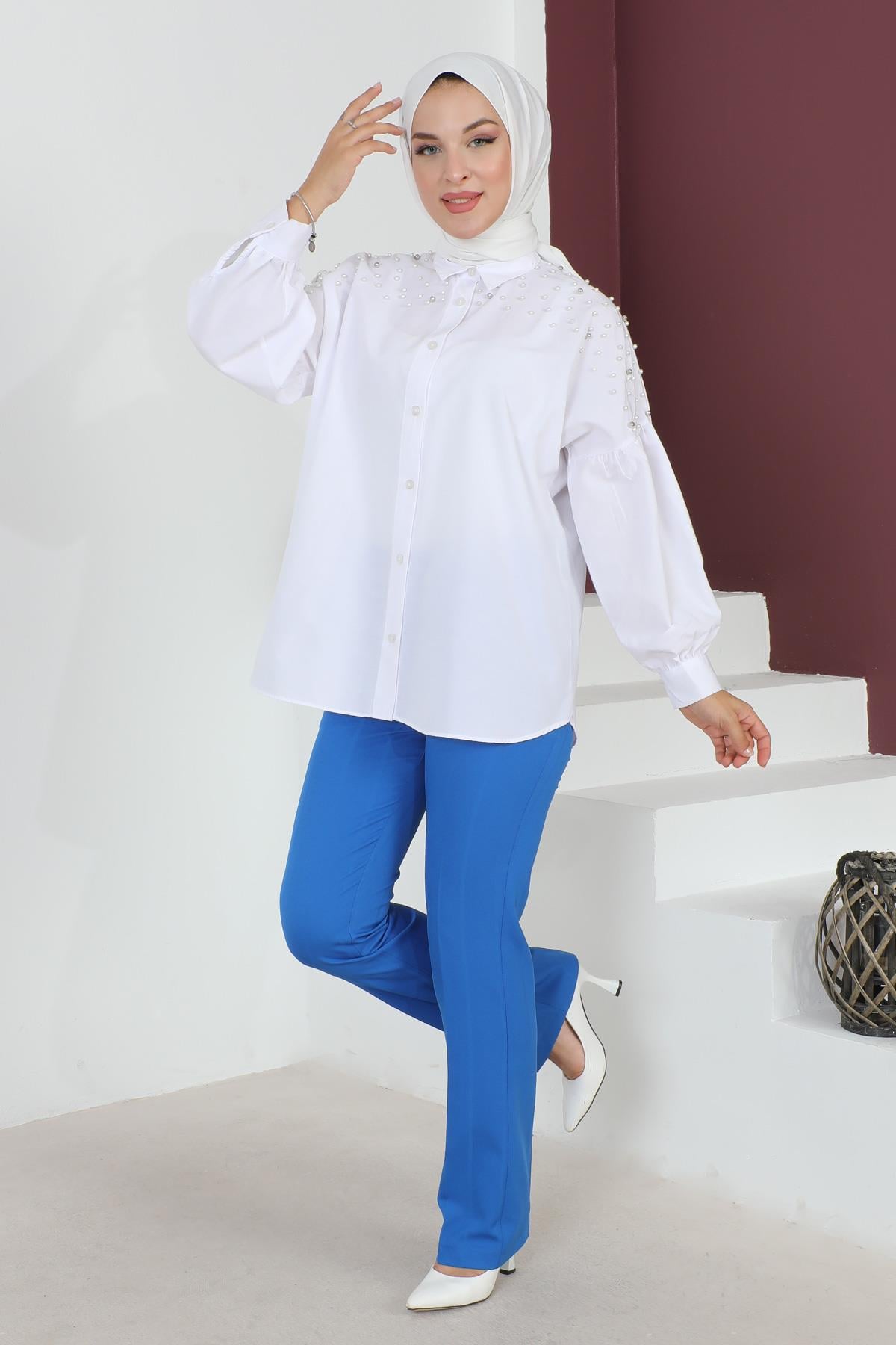 Çizgi Detaylı Pantolon Mavi 6078
