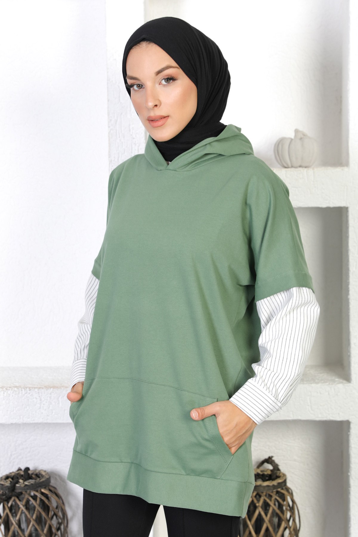 Çizgi Detaylı Sweatshirt Yeşil 6047