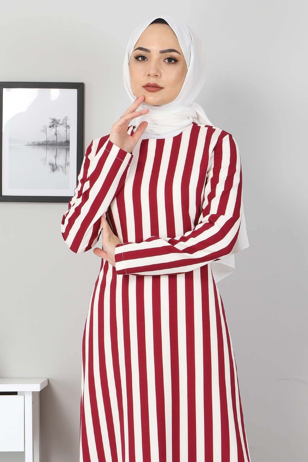 Çizgili Elbise Bordo 8926