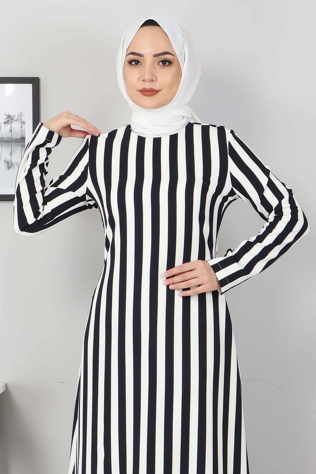 Çizgili Elbise Siyah 8926