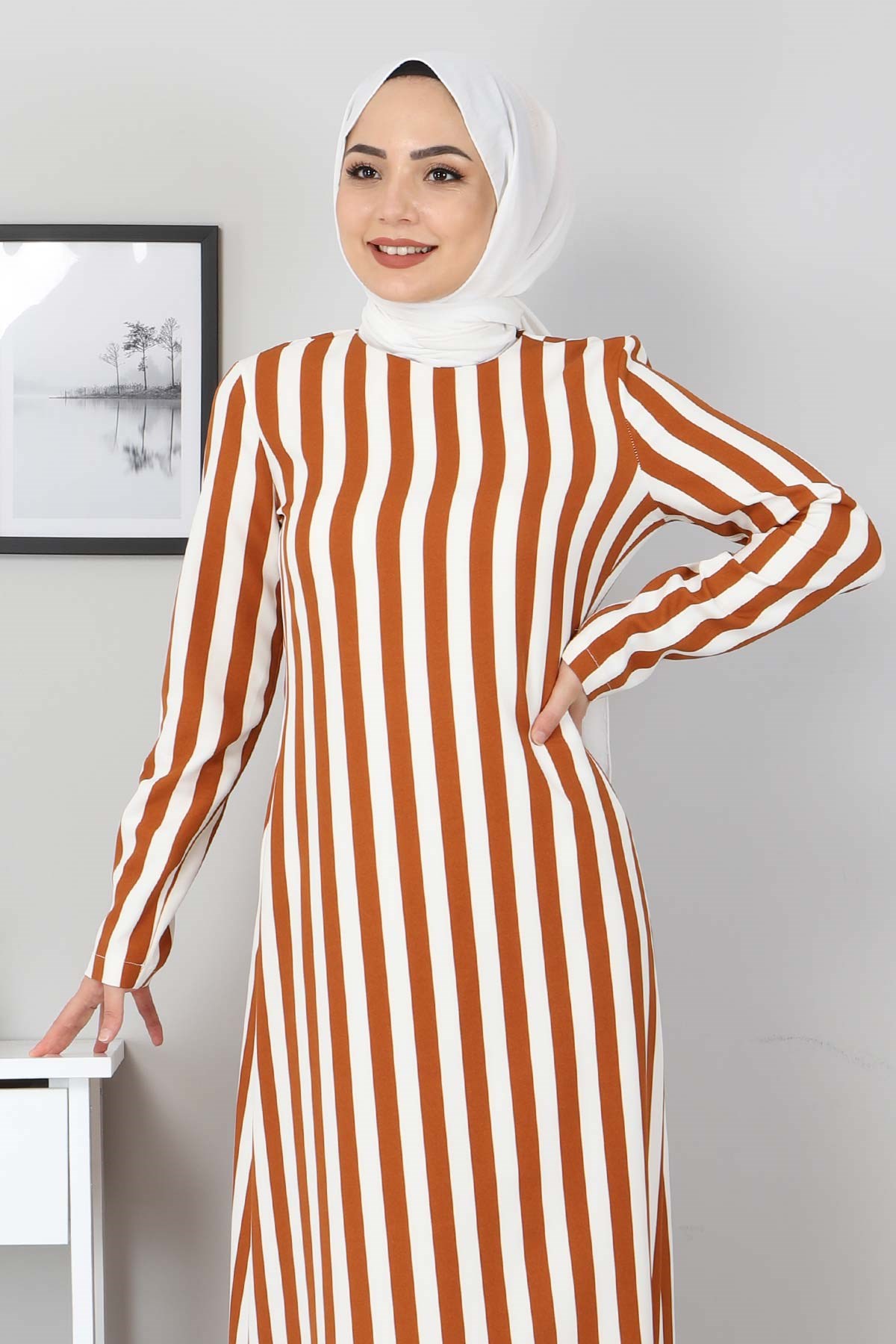 Çizgili Elbise Taba 8926