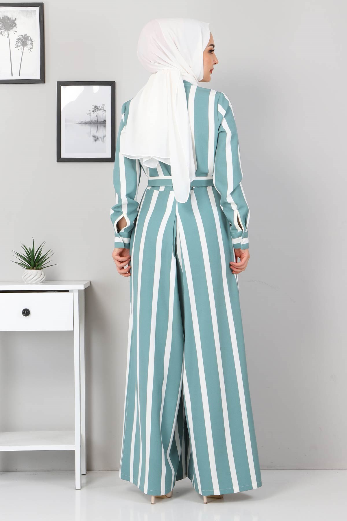 Çizgili Tesettür Tulum Mint 9810