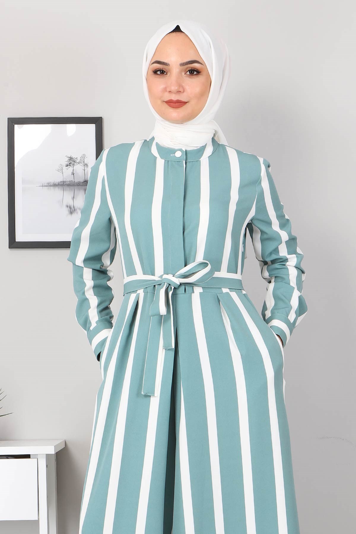Çizgili Tesettür Tulum Mint 9810
