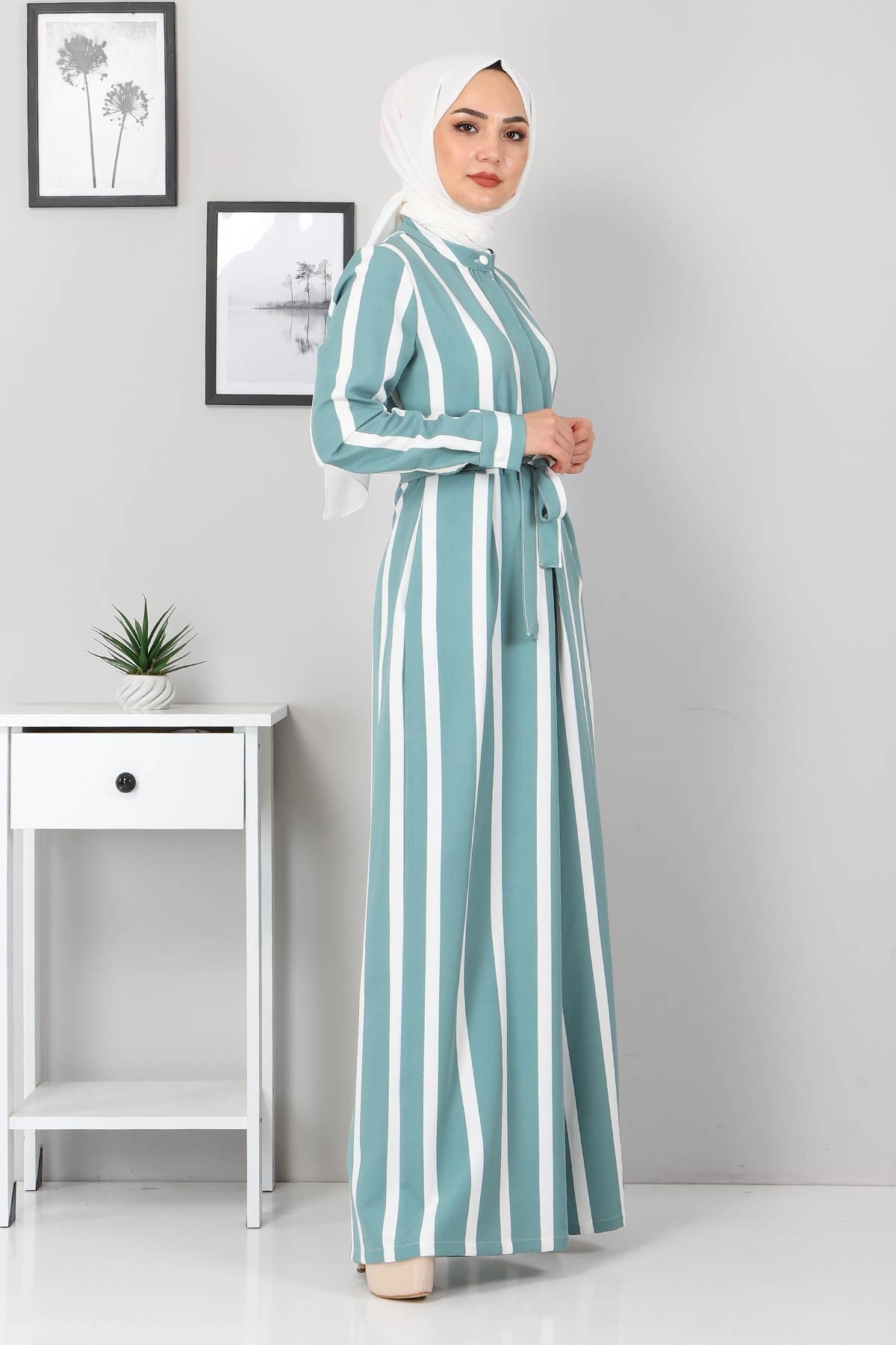 Çizgili Tesettür Tulum Mint 9810