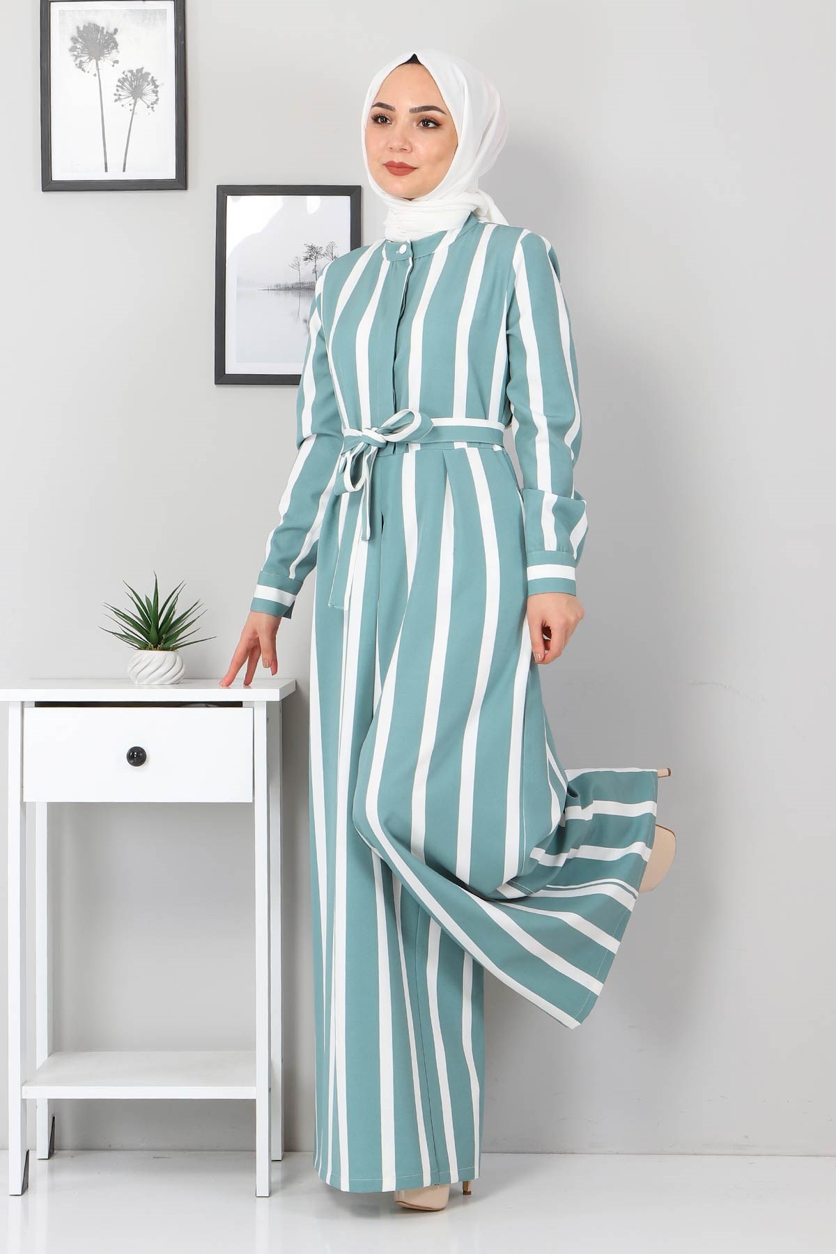 Çizgili Tesettür Tulum Mint 9810