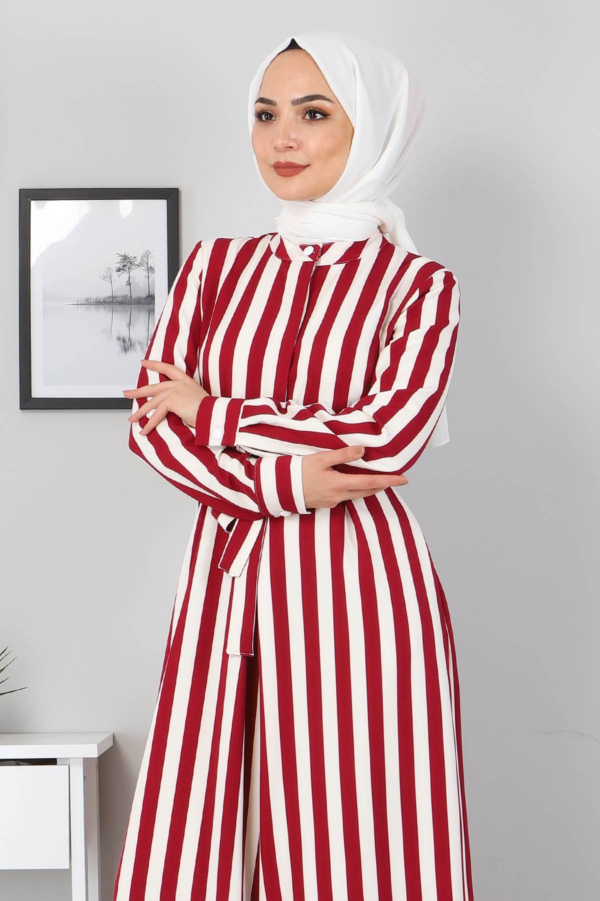 Çizgili Tesettür Tulum Mürdüm 9810